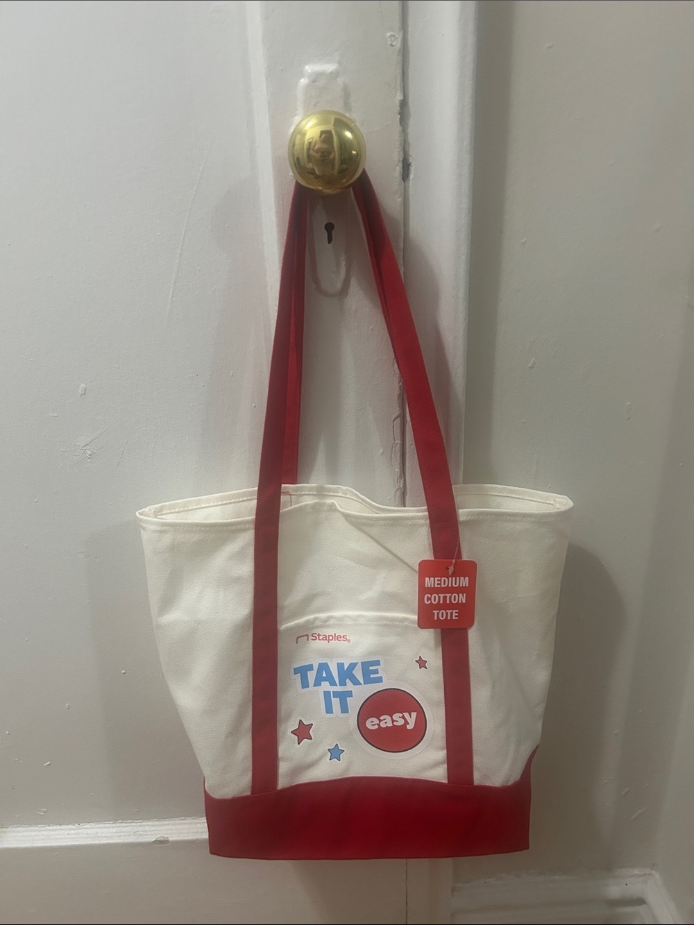 Staple White Cotton Tote with Red Accents and 'Take It Easy' Print NWT